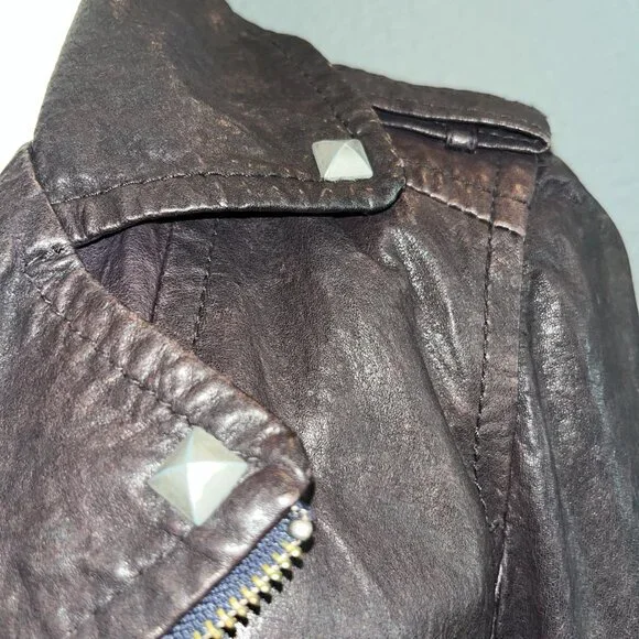 Y - INN GENUINE LEATHER CHOCOLATE BROWN LEATHER MOTO JACKET - STUDDED - EU 48 - Picture 3 of 14